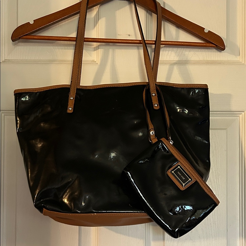 Nine West Black and Brown Tote Bag Set with mini bag charm